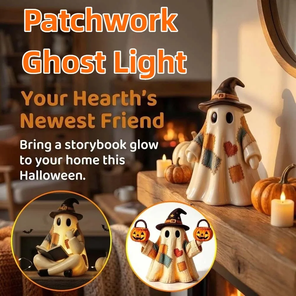Resin Made Patchwork Ghost Light Button Cell Battery Operated Lightweight Ghost Pumpkin Lantern 3D Shaped Soft Glow