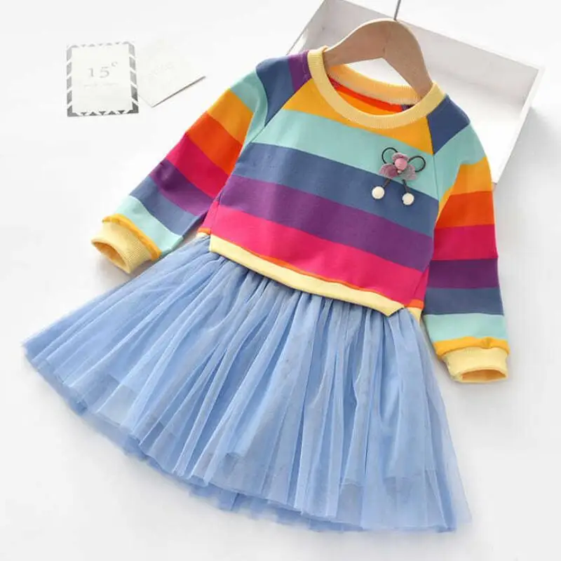 Baby Girls Dress Princess Autumn Sweater Fleece Gauze Tutu Dresses Children Clothing Long Sleeve Rainbow Stripes Dress For Girls