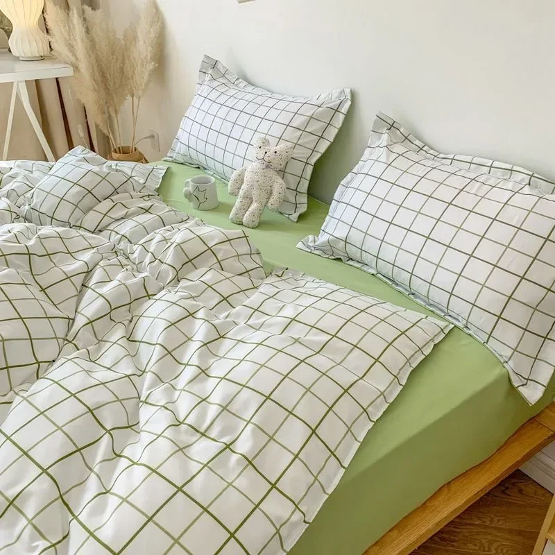 Classic Bedding Set Hot Sale Plaid Green Ins Single Queen Size Duvet Cover No Filler Flat Sheet Pillowcase Home Hotel Bed Linens