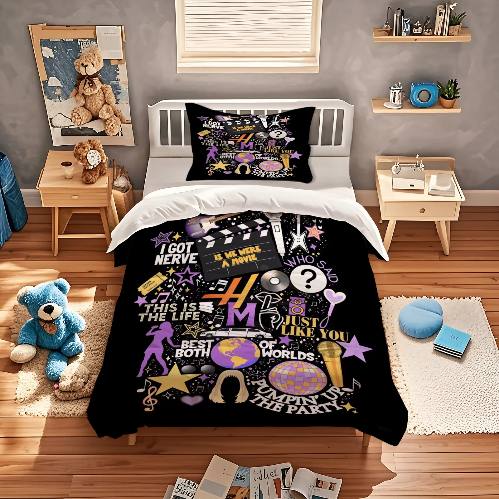 American Rock Music Graffiti Duvet Cover 3-Piece Set, Disco Party Trendy Bedding