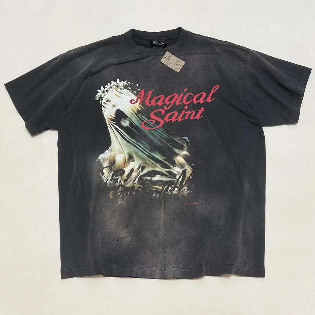 

High Street Saint Mxxxxxx Magical Logo Print Tee Washed Vintage Oversized T-shirt for Men Streetwear Clothing Women's Clothes