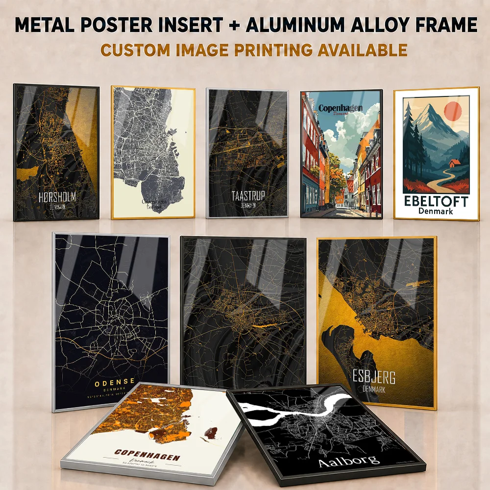 Denmark Framed Aluminum Metal Poster Customized Bold Minimalist Cartographic Design Wall Art For Home Office Explorer Souvenir
