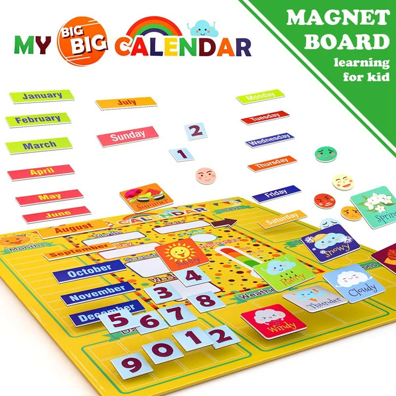 Conjunto de primer calendario magnético diario para niños, juguetes de aprendizaje preescolar, estación meteorológica para niñas y niños, utilizable en la pared o el frigorífico