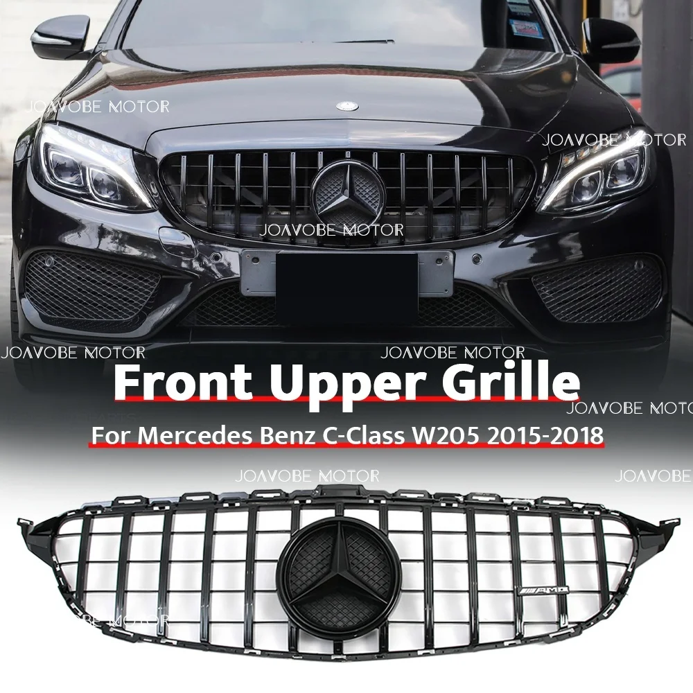 

Glossy Black GTR Style Front Grille W/Glossy Black Emblem For Mercedes Benz C-Class W205 S205 C205 A205 2015-2018 W/O 360 Camera