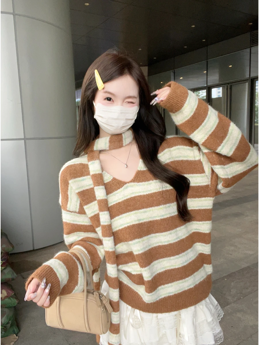 韓国 Sle ソフトルーズストライプ V ネックプルオーバーニットウェア女性の秋冬新ファイオントップ多用途ロング Sve セーター