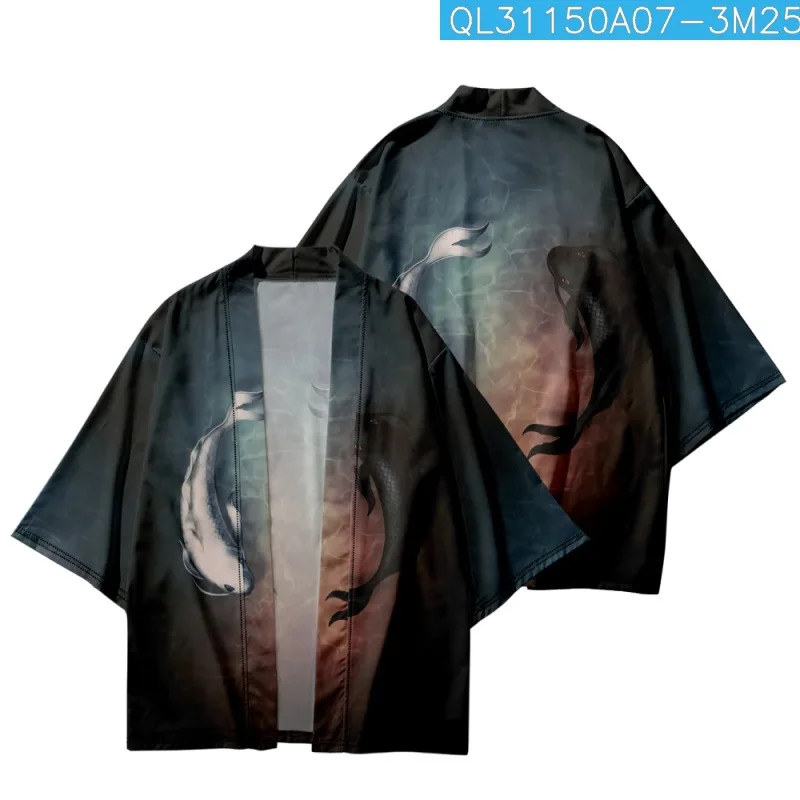 

Black White Carp Printed Japanese Kimono Beach Shorts Yukata Shirt Haori Cardigan Cosplay Couple Men Women Streetwear