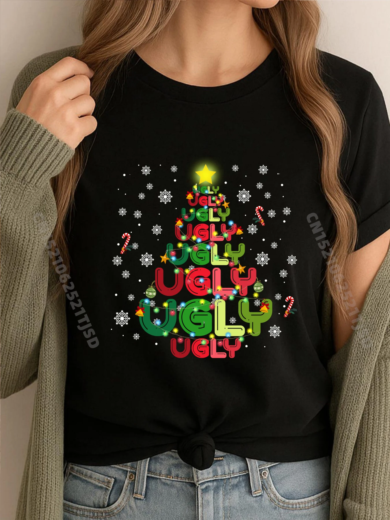 Ugly Christmas Tree Xmas Graphic T Shirts Woman Cotton Custom T Shirt