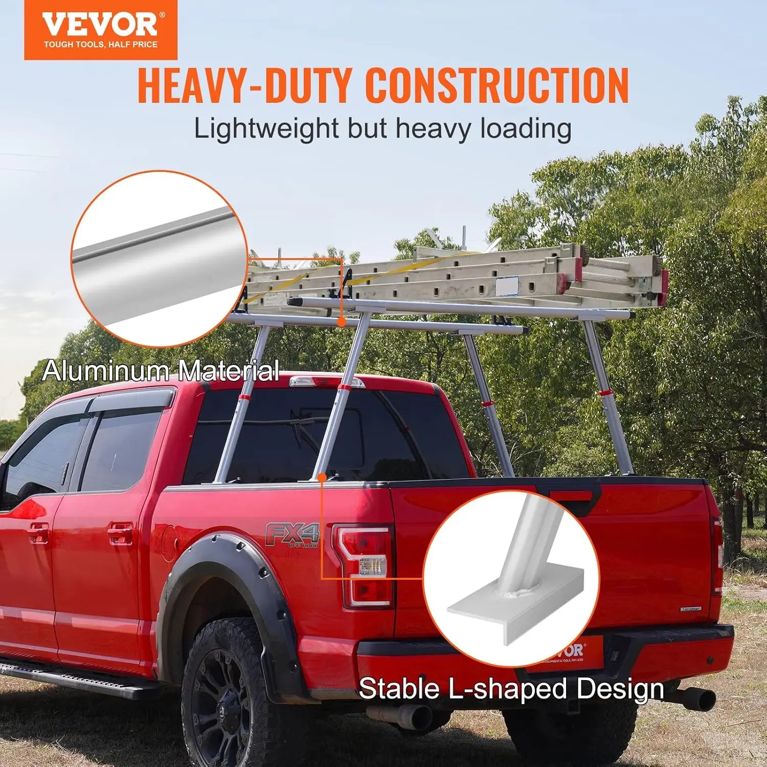 Truck Bed Rack for Kayak, Surfboard, Lumber, Ladder - Aluminum, 800 lbs Capacity, Non - Drilling C - Clamps