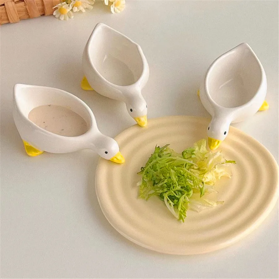 2 piezas de platos de cerámica con forma de pato para condimentos, platos para salsa de ensalada, mini tazones para crema, cubiertos de diseño lindo para el té de la tarde.