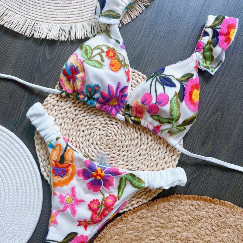 2026 Hot Style Mesh Multicolor Embroidered Fabric Flash Bikini Suit Lace Up European and American Fashion