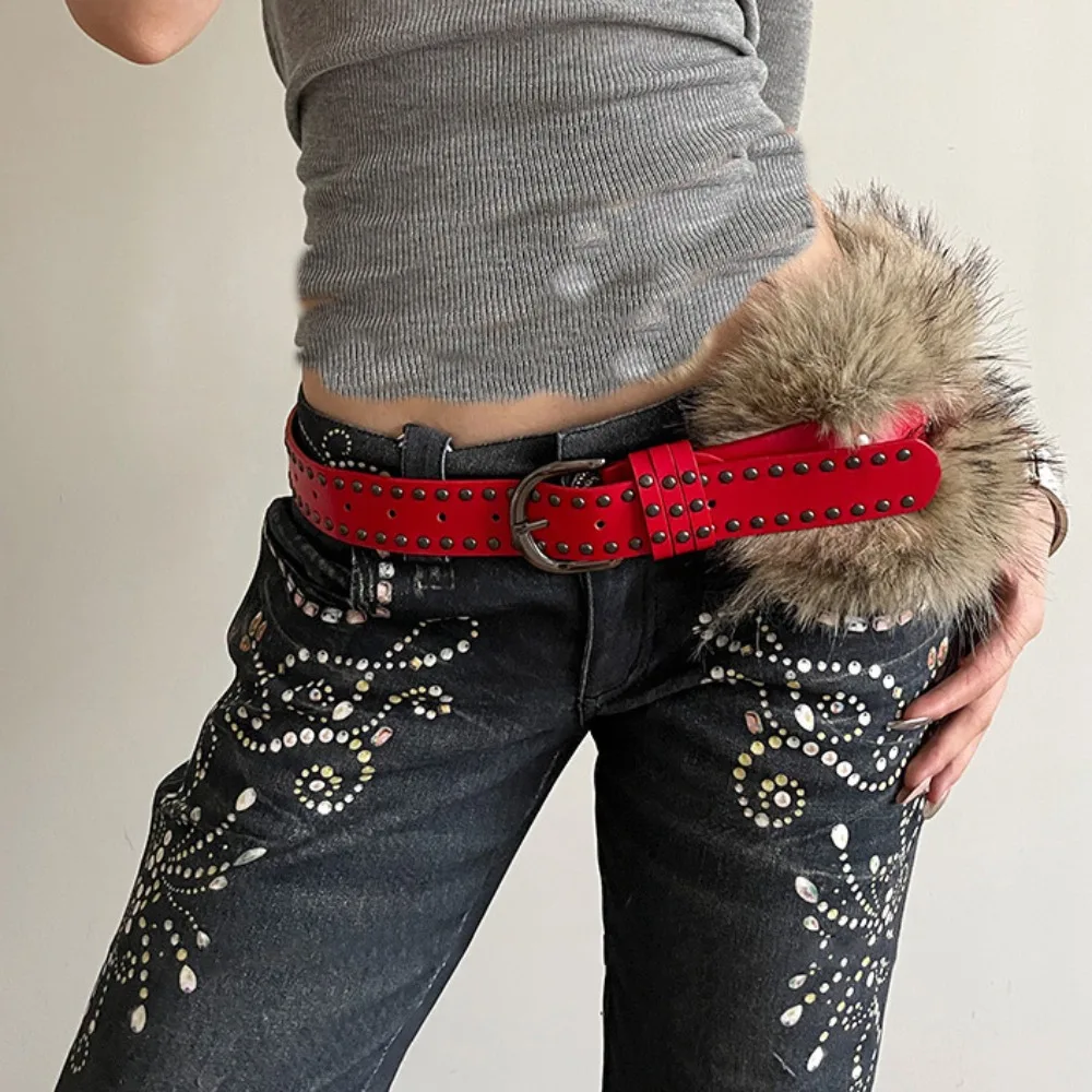 

Personality Rivet Leather Fur Belt Faux Fur Western Style Y2K Waistband Punk Retro Plush Belt Women