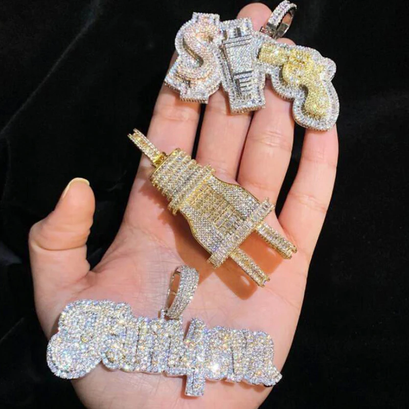 New Iced Out Bling CZ Letter Badge Pendant Necklace Cubic Zirconia Gold Color Lettes Money Charm Men Fashion Hip Hop Jewelry