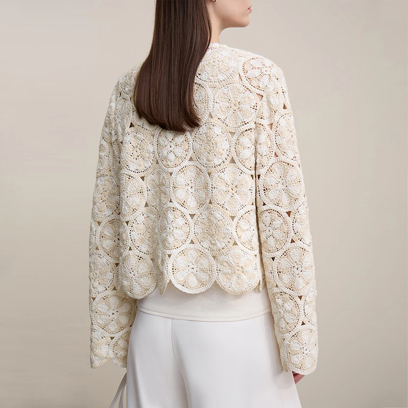 Women's Crochet Jacket - Round Neck Short Cotton Long Sleeve Top