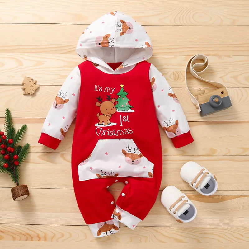 0 to 12 Months Christmas Baby Girl Boy Printed Romper Long Sleeve Hooded Jumpsuit with Front Pocket Baby Clothing