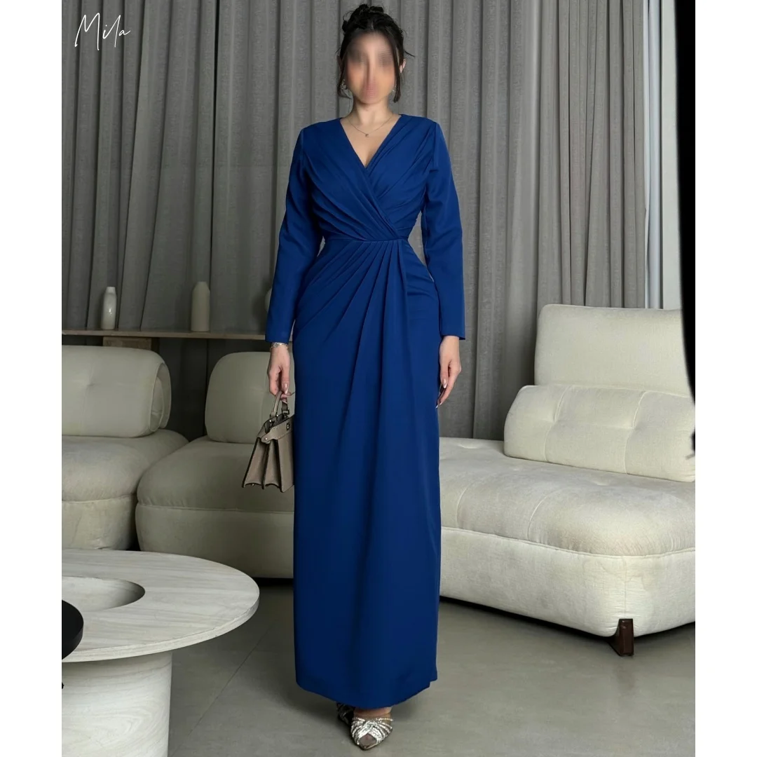 

Mila Royal Blue V-Neck Gown Prom Dresses Ruched Waist Long Sleeve Customized Formal Evening Maxi vestidos de gala for Wedding