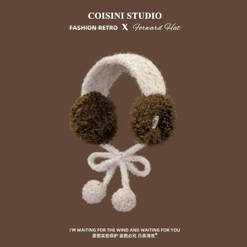 Cute Plush Winter Earmuffs Women Curly Faux Fur Ear Warmers with Bow‑knot Pom‑pom Decor Soft Warm Outdoor Cold‑proof Ear Muffs