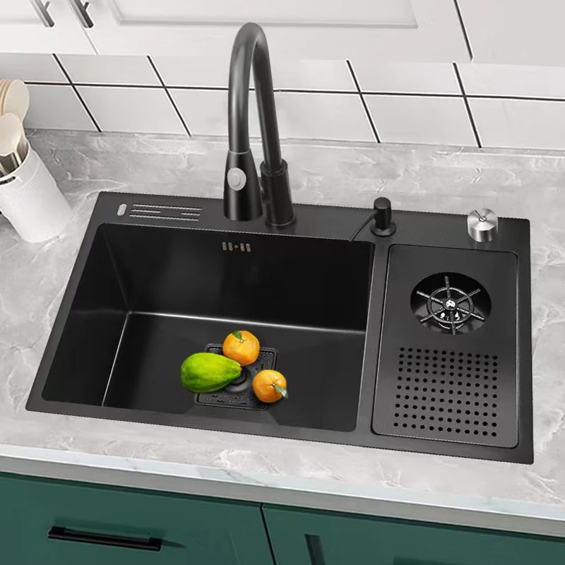 2023 Black Nano Kitchen Sink 304 Stainless Steel Washbasin With High Pressure Cup Washer With Knife Holder Coffee Shop Bar