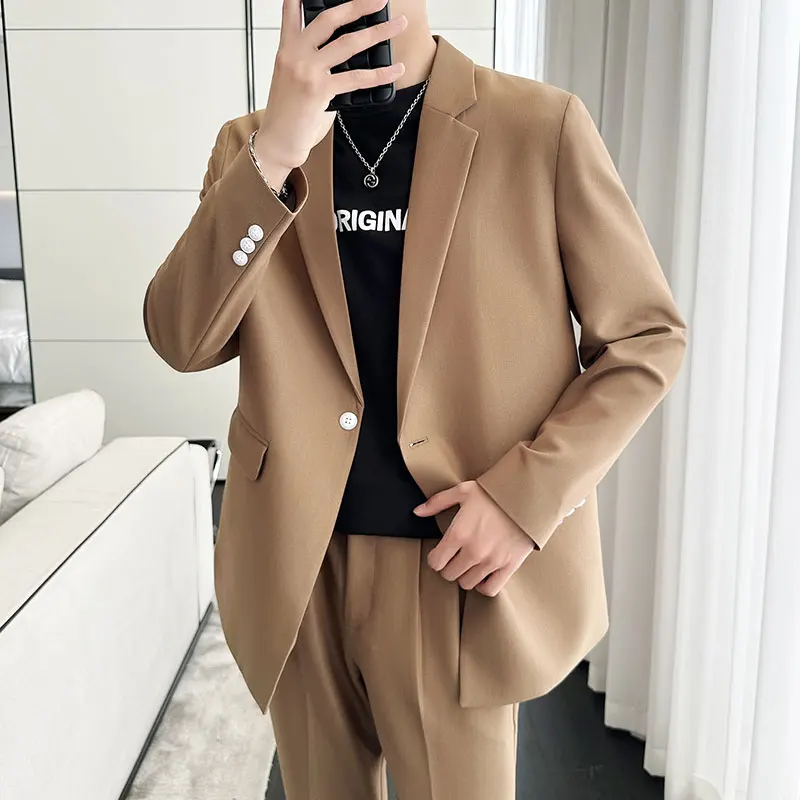 

( Jacket + Pants ) Fashion Korean Version Men's Pure Color Leisure Suits Loose Fit Men Business Banquet Suit Set Plus Size 3XL