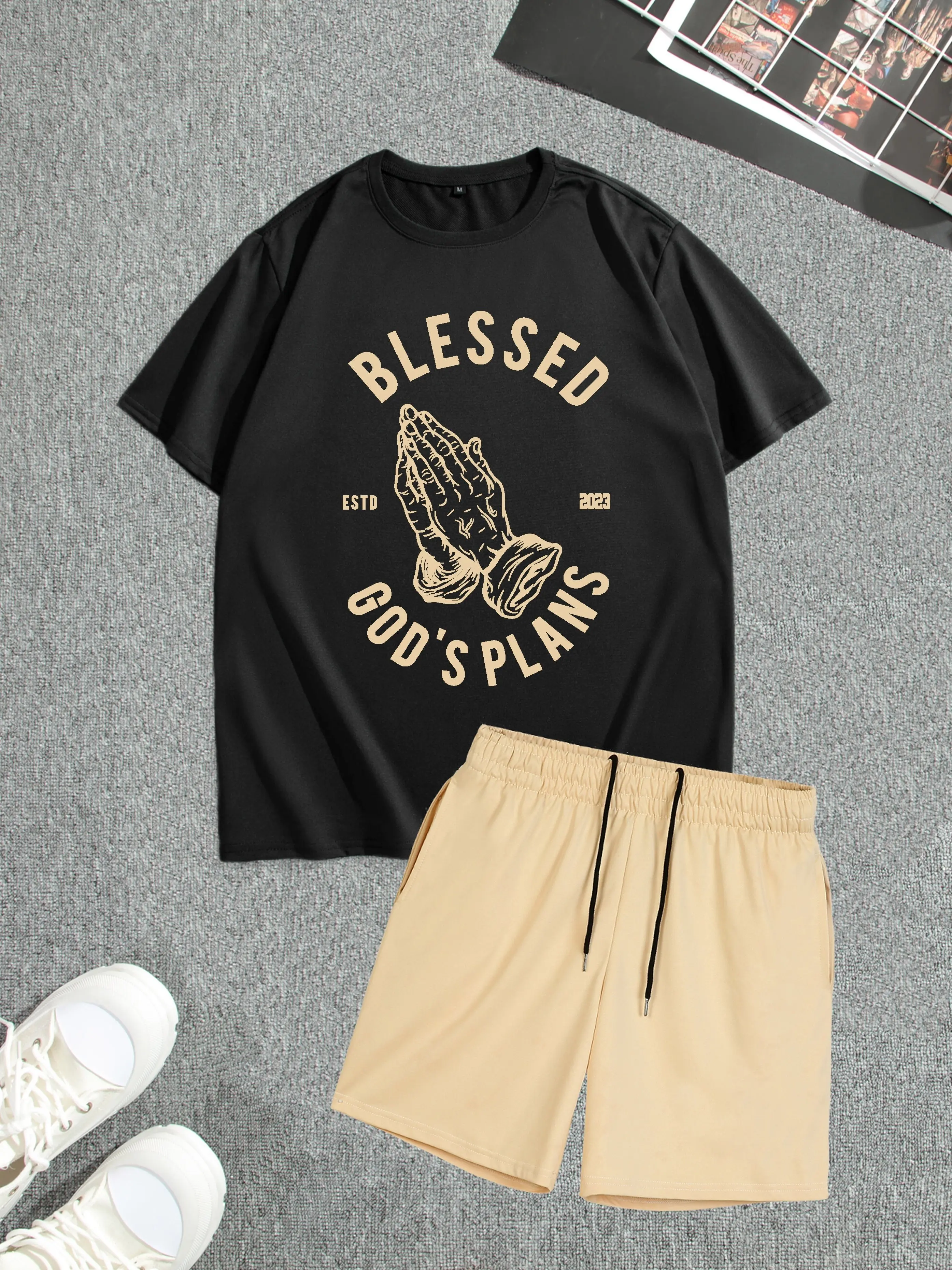 

2026 Summer Men's Short-Sleeve Set Men's Minimalist Letter Print Set Urban Streetwear Casual Plus-Size Two-Piece Set