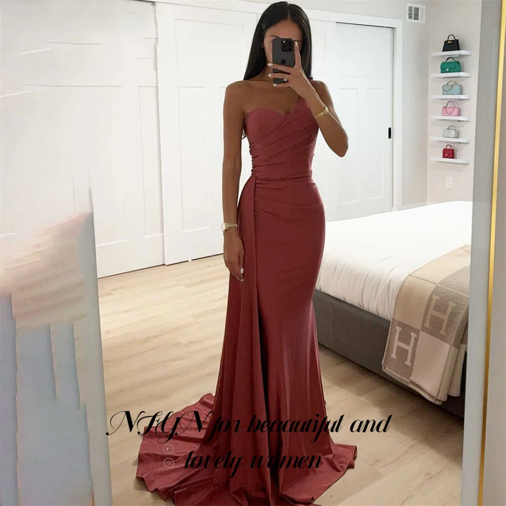 

NFYN Coral Pink Evening Dress One Shoulder Trumpet Party Dress with Pleat Satin Vestido De Novia Simple Prom Dresses Customized