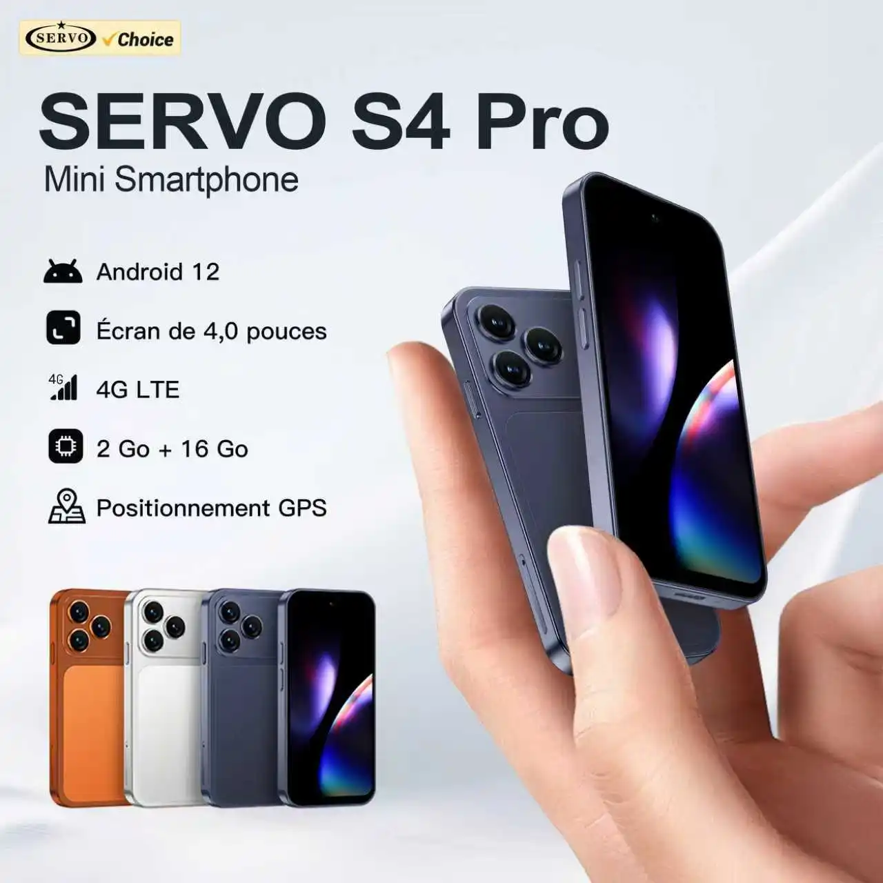Mini smartphone intelligent SERVO 4G LTE, Android 12.0, 2 Go + 16 Go, WhatsApp, Play Store, Wi-Fi, double SIM, écran 4,0 pouces, format poche