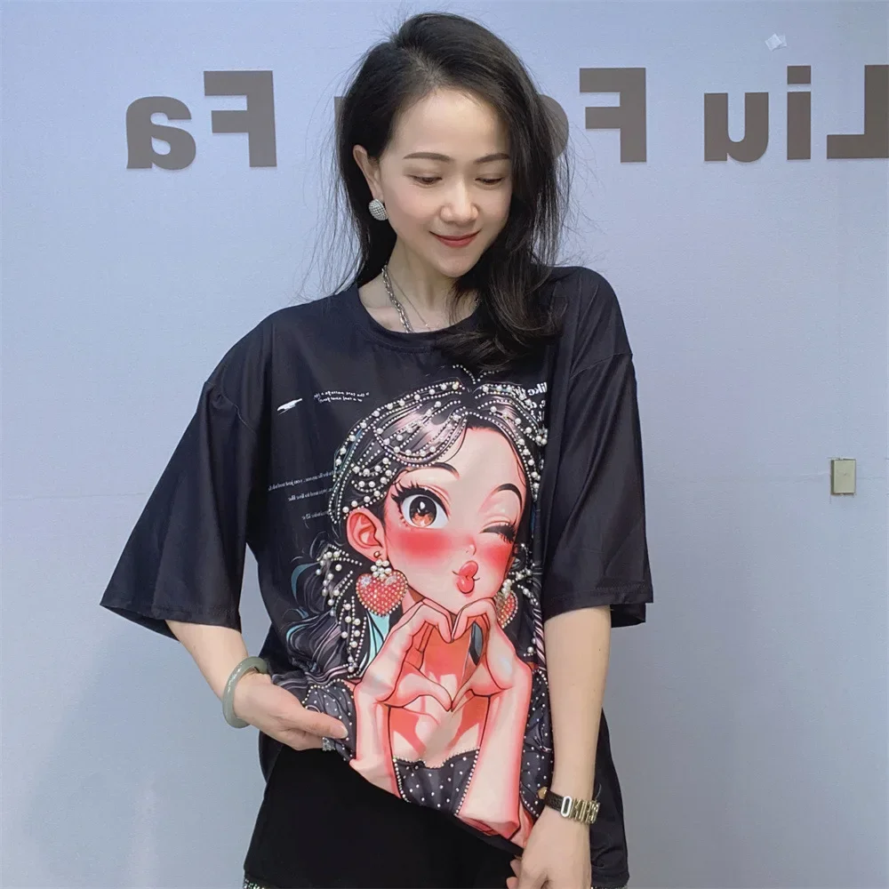 

Summer Short Sleeve T-Shirts Women Summer O Neck Cartoon Girl Printed Diamonds Beading Casual Oversized T Shirt Kawaii Clothes