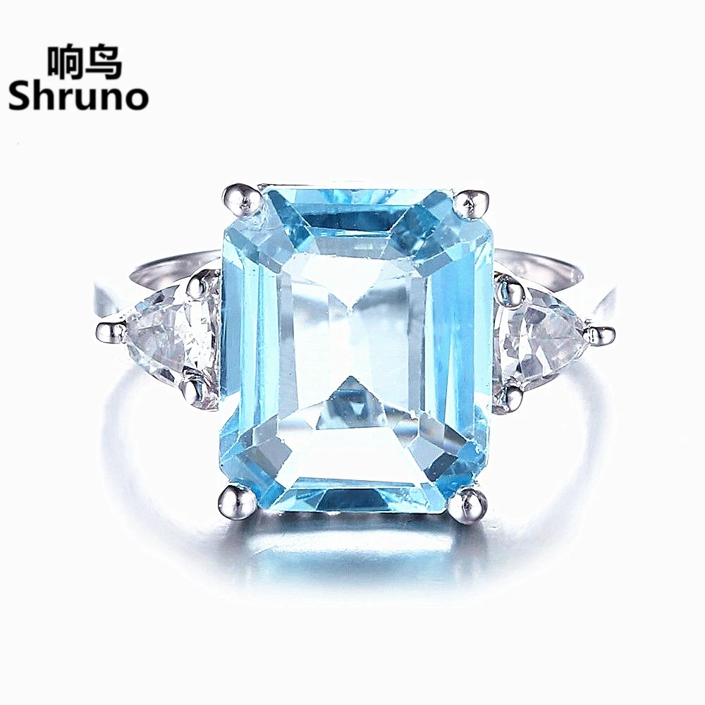 Shruno Solid 14K White Gold 10x13mm Radiant Cut Blue Topaz Engagement Ring Real White Topaz Trendy Fine Jewelry