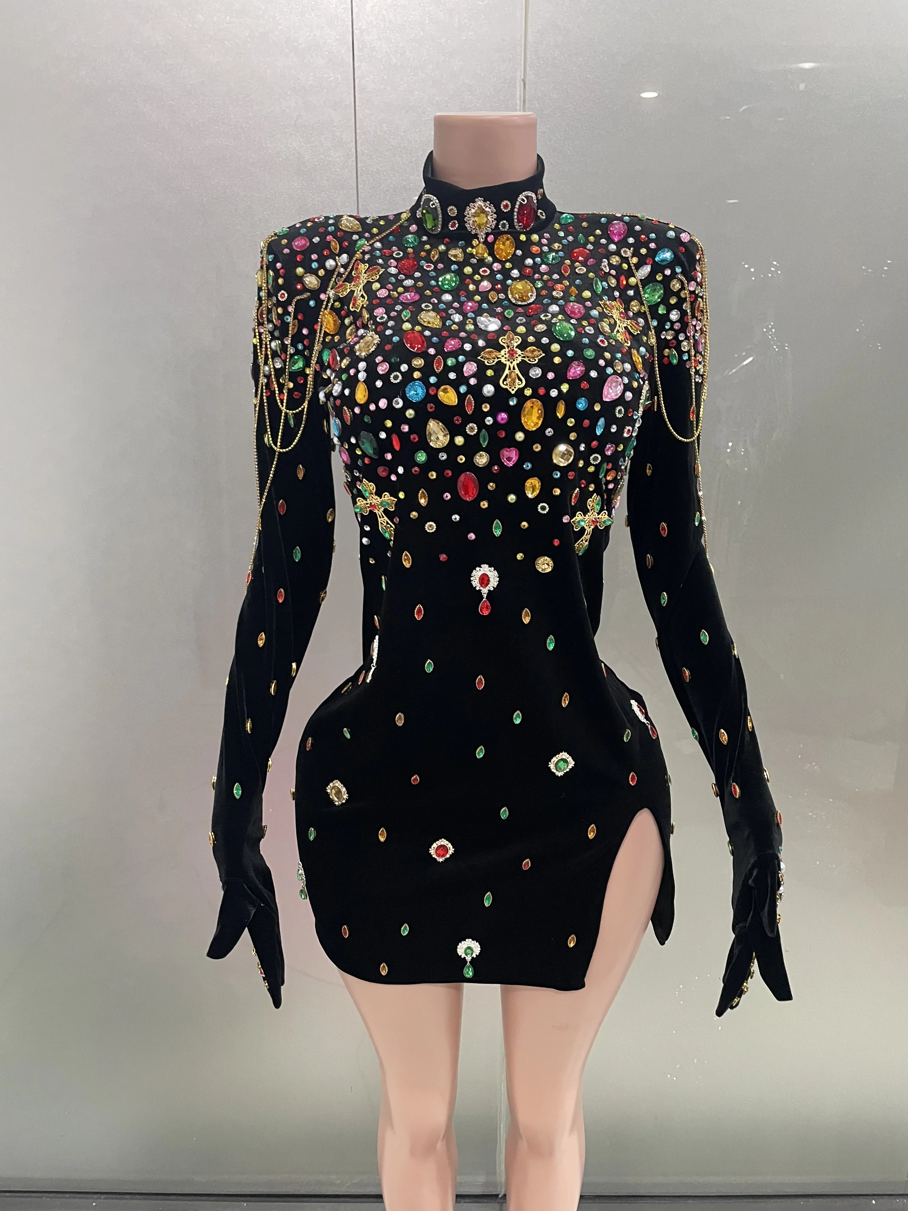 Sexy sparkle Multicolor Rhinestones Black Velvet Gloves Slit Short Dress Women Birthday Prom Wrap Hips Outfits Singer Costume