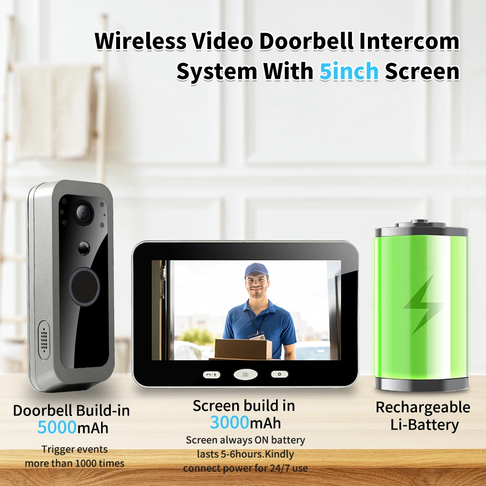 Tuya Smart Life 1080P 2.4G WIFI Video Bel Pintu Kamera Luar Ruangan Nirkabel Pintu Sistem Interkom Bertenaga Baterai 5 Inci Layar Monitor