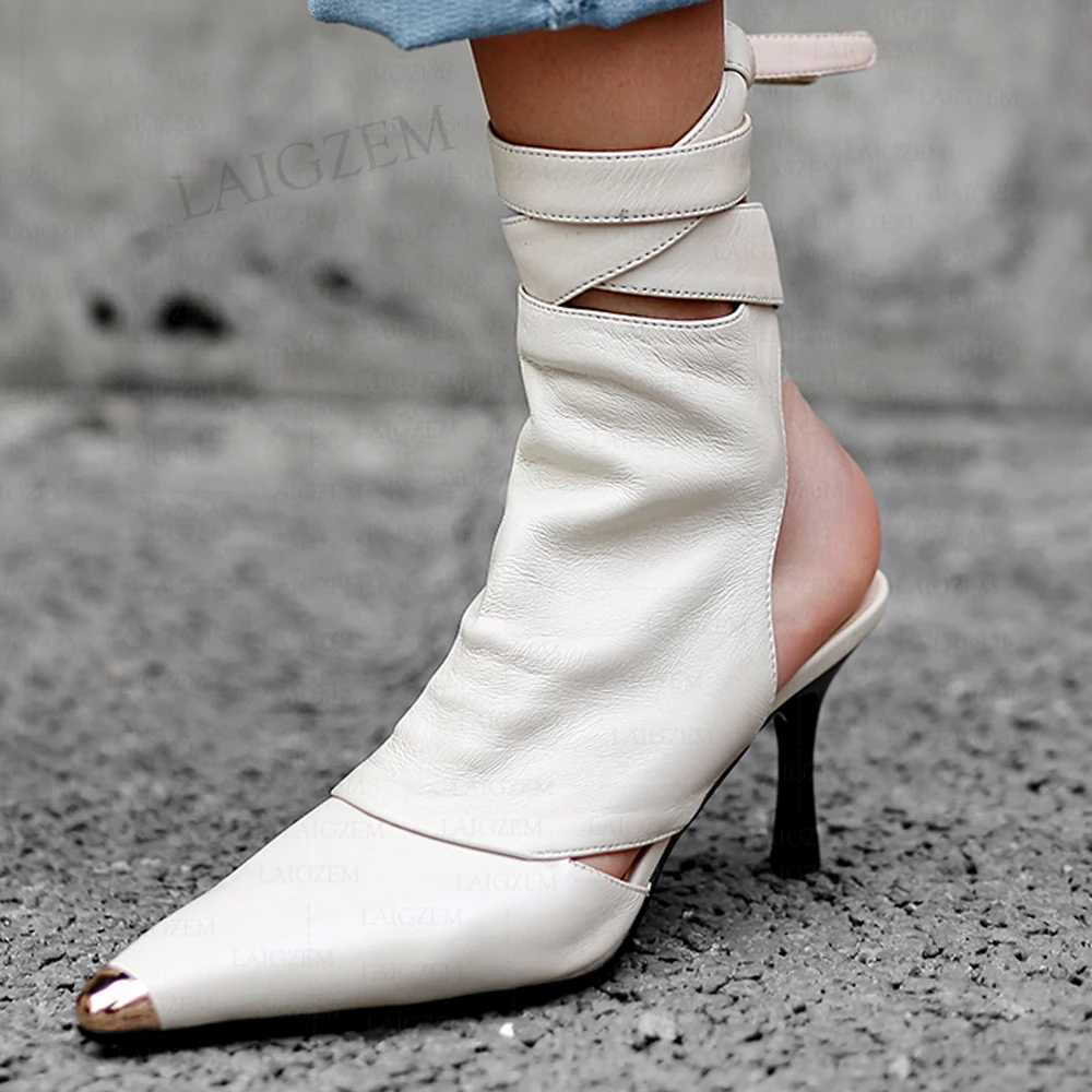 LAIGZEM Women Ankle Boots Real Sheepskin Pointed Toe 7.5CM Thin Heels Booties Handmade Ladies Shoes Woman Big Size 36 39 40 42