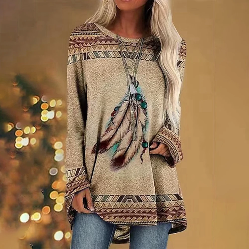 Feather Print Women\'s T-shirts Vintage Pattern Long Sleeves T shirt Indians Style Women Clothing Tops Autumn Loose Pullover