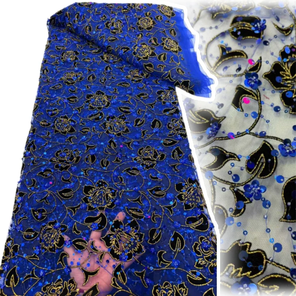 

African Lace Fabric 2025 High Quality Sequins Net Lace French Mesh Fabric Beaded Nigerian Lace Fabrics for Wedding 5yards SZ1566