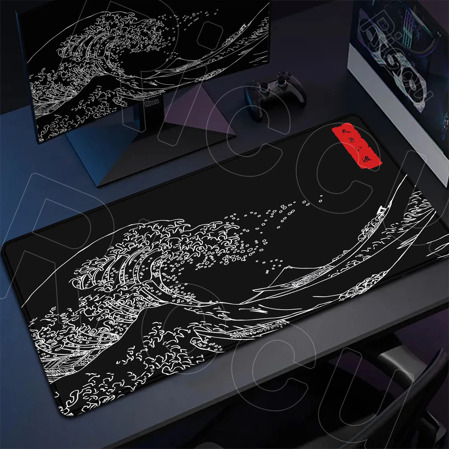 Gaming Mouse Pad Great Wave Off Kanagawa สีดํา Deskmat 90x40 ซม.แป้นพิมพ์ลื่น Pad บนตารางพรม XXL ยาง mousepad