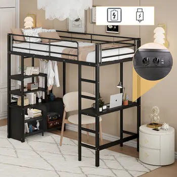 2024 Bunk bed with desk, with power outlet and USB, several shelves, locker, ladder, iron rack, 90*200cm no mattress