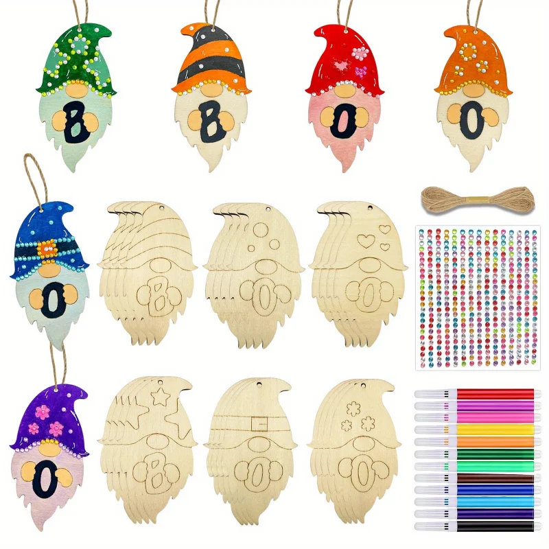 

Wooden Halloween Set DIY Elf Set Wooden Mold Handmade Painting Decoration Hanging Pendant Decoration for Gift Shops, Parties