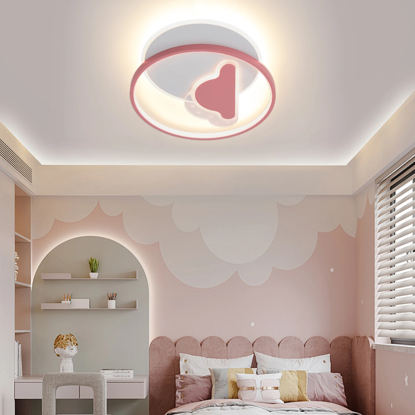 مصباح سقف LED قابل للتعتيم مع جهاز تحكم عن بعد - وردي، مُجمَّع مسبقًا، سهل التنظيف، مفتاح حائط متوافق مع غرفة المعيشة/الفندق