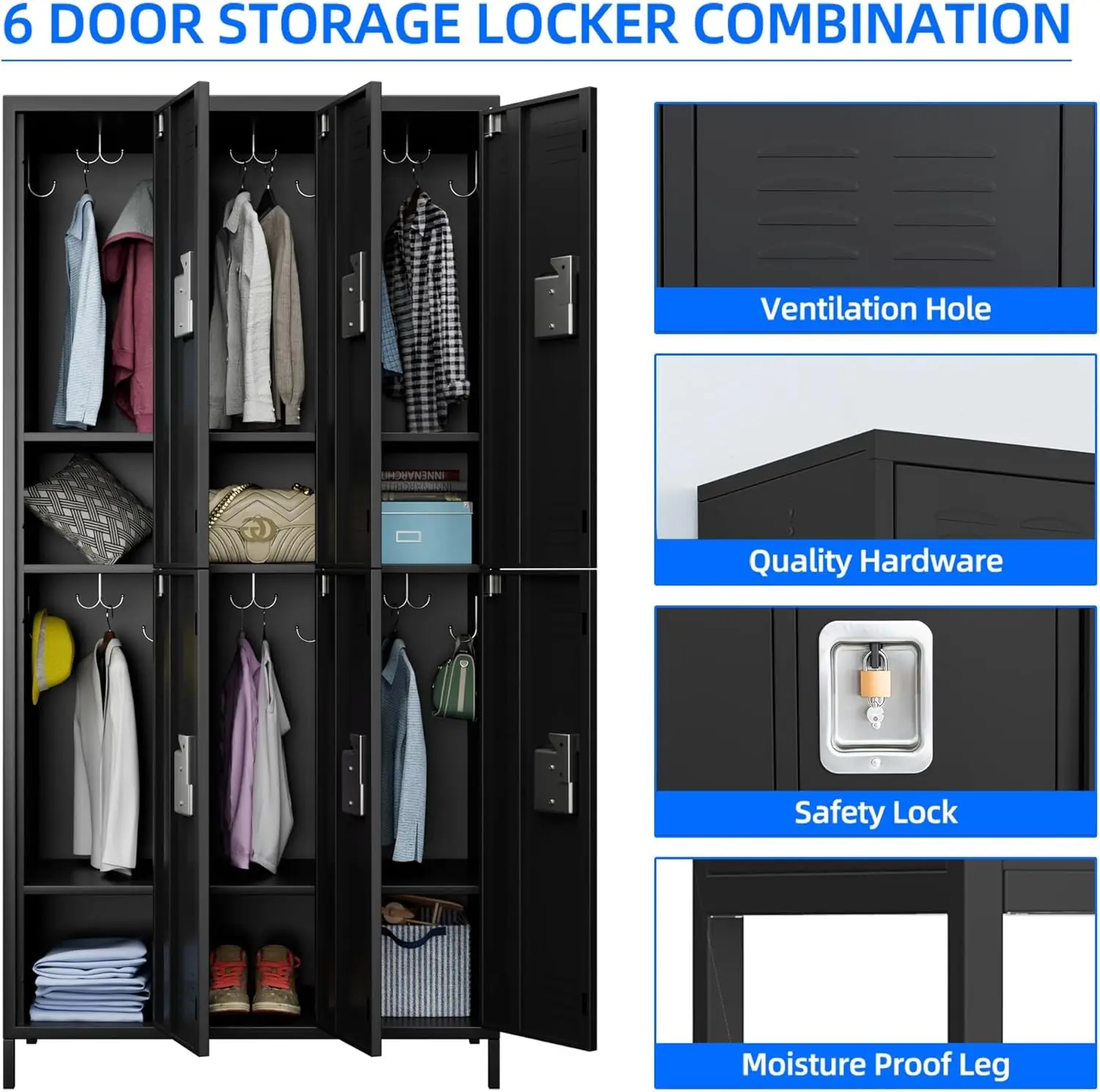 Metal Lockers for Employees with Lock&12 Metal Hooks,6 Doors Black Metal Lockers for Office,School,Gym