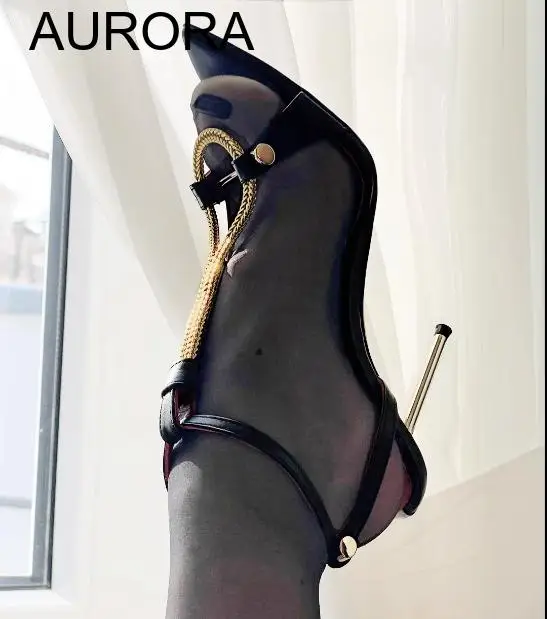 New Arrival Summer Pointed Toe One Ankle Strap Punk Thin High Heeled Sandals Mixed Color Instep Metal Ring Chain Womens Shoes