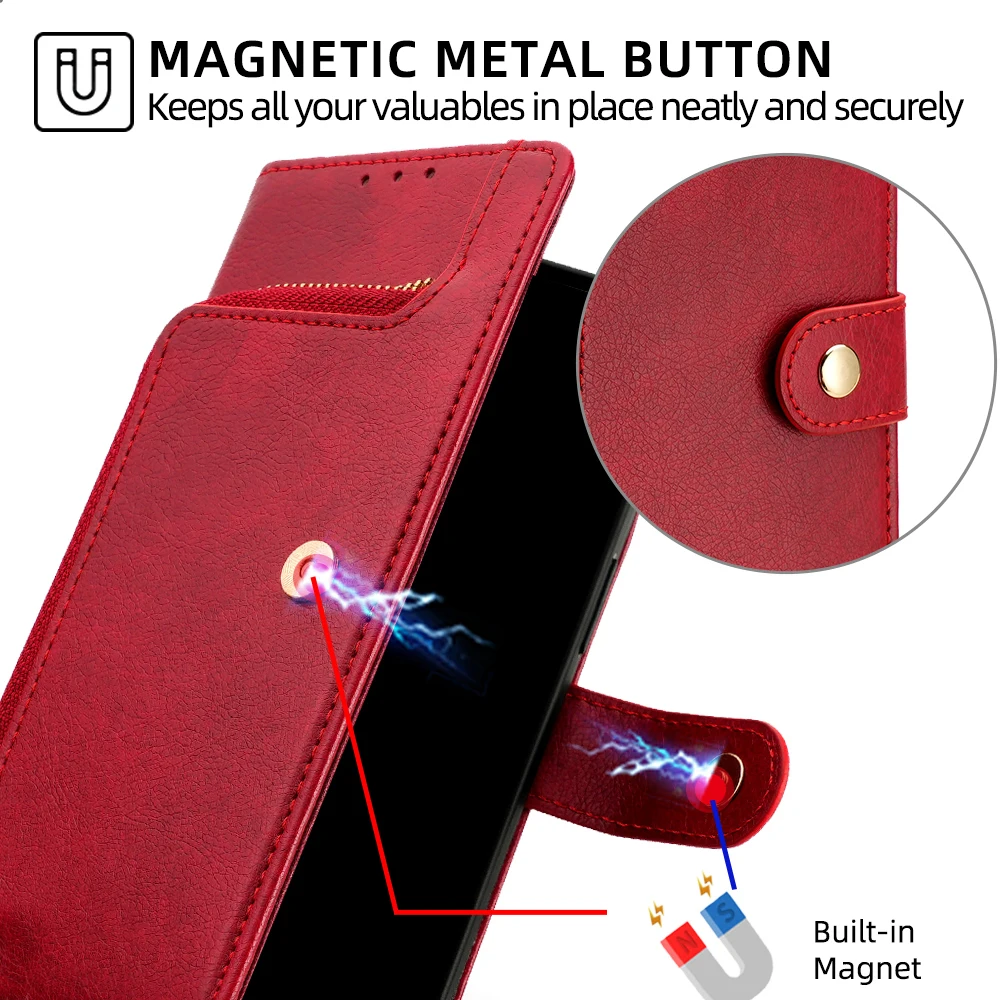 Card Slots Leather Flip Phone Case for Xiaomi Redmi 9A 9AT 9C A1 A2 Plus Note 9T 9S 9 Pro Max Prime Zipper Wallet Case Lanyard