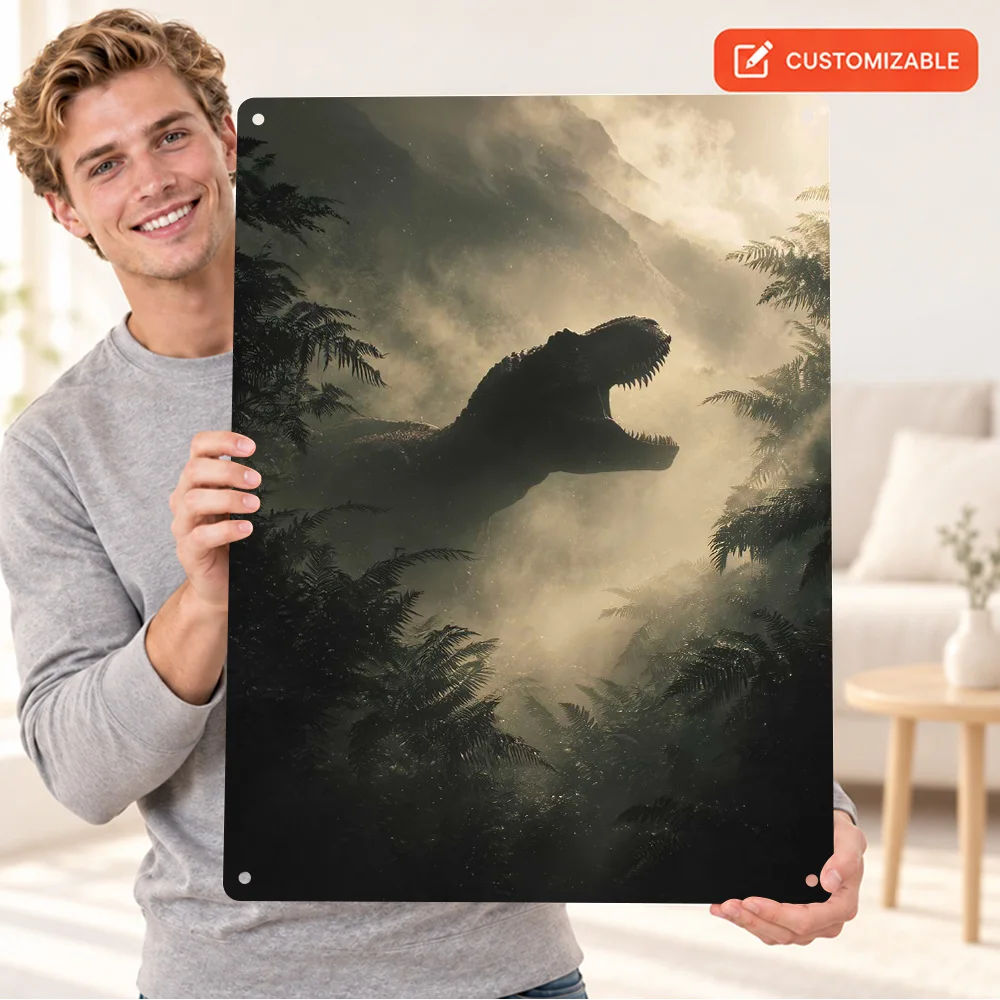 Roaring T-Rex In Misty Jungle Aluminum Poster Personalized Metal Sign Atmospheric Wildlife Illustration Wall Art For Living Room