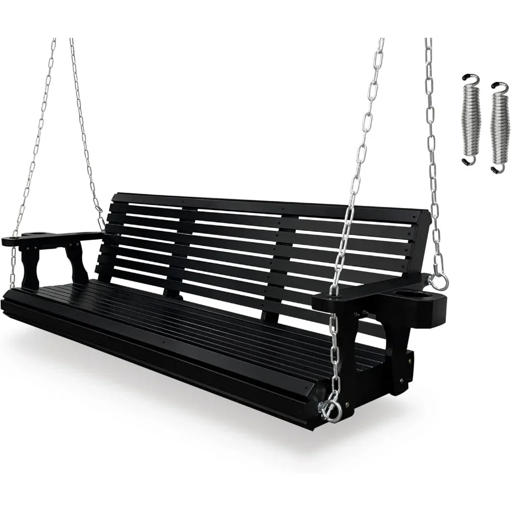 Wooden Swing 3 Seater, Bench Swing with Cup Holder, Hanging Chain & 7mm Spring, Heavy Duty 880 lbs, Outdoor, Patio