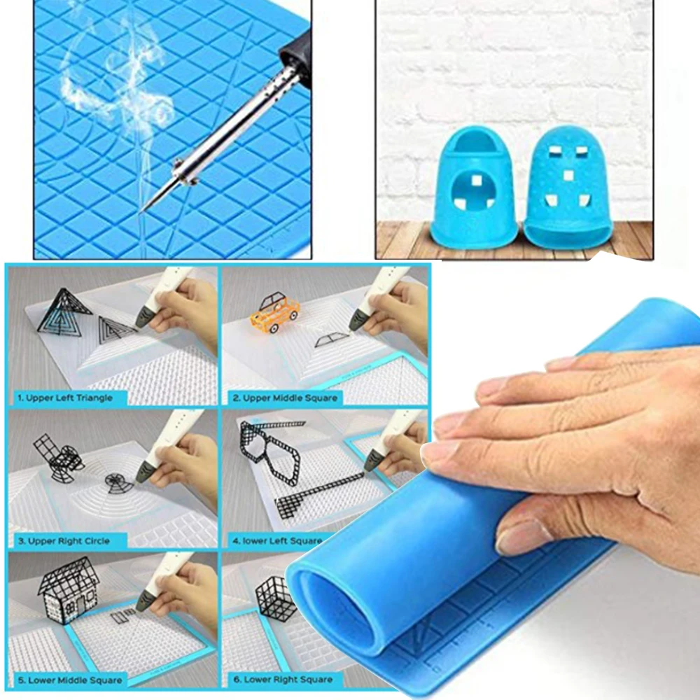 แผ่นพิมพ์ซิลิโคน 3D สําหรับเด็ก ปากกาพิมพ์ DIY 3D แผ่นออกแบบซิลิโคนอ่อนนุ่มพร้อมฝาครอบนิ้วซิลิโคน 2 อัน