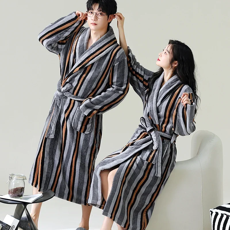 Coral Fleece Couple Bathrobe Women Man Winter Warm Flannel Robe Sleepwear Plush Shawl Bath Robe Lounge Nightgown Home Clothes