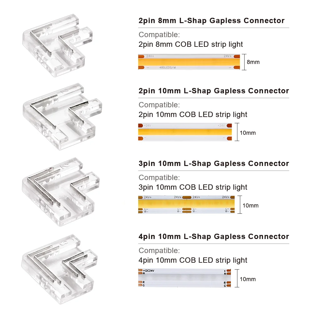 5pcs COB L Shape Connector Transparent Solderless for 2pin 3pin 4pin 8mm 10mm FOB COB LED Strip Lights 90 Degree IP20