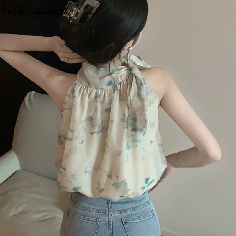 Sleeveless Floral Women Shirts 2024 Blusas Mujer De Moda Bandage Bow Vintage Blouses Loose Summer Chiffon Fashion Blouse Tops