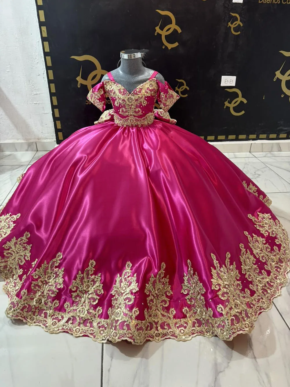 

Rose Pink Satin Flower Girl Dress For Wedding Applique With Bow Kids Birthday Party First Communion Ball Gowns Customized