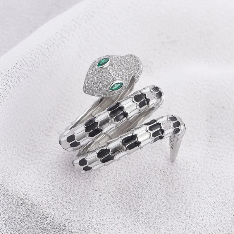 S925 Sterling Silver Rings for Women Men New Fashion Spirit Snake Inlaid Green Zircon Eyes Adjustable Punk Jewelry Wholesale