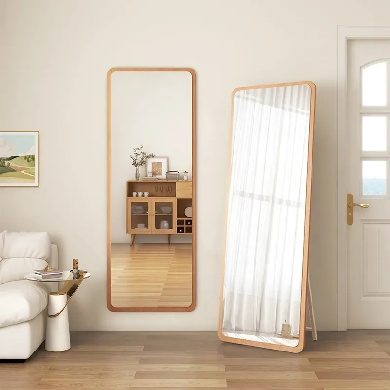 Japanese Style Full Length Floor Mirror Solid Wood Frame Wall Mounted Standing Dressing Glass for Bedroom Living Room Decor