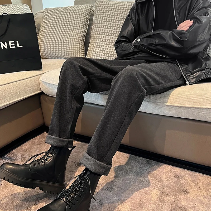 

Slim Fit Men's Casual Pants Boots Style Woolen Fashion Cityscape Long Trousers Home Comfortable Straight Tube Cigarett...