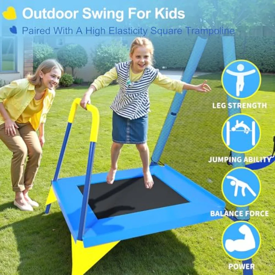 Set altalena da 440 libbre Parco giochi esterno 3in1 con piattino Sedile con cintura altalena e trampolino da 4 piedi Supporto in metallo AFrame resistente e sicurezza